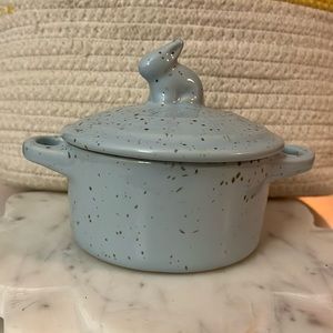 Blue speckled pottery dish - lidded- stylized rabbit shape for handle
